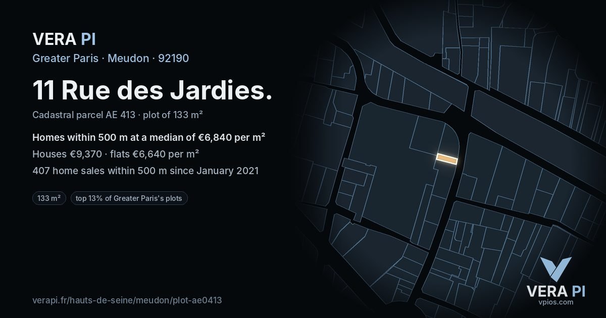 11 Rue des Jardies, Meudon at night – the plot lit, the parcels around coloured by the prices near them
