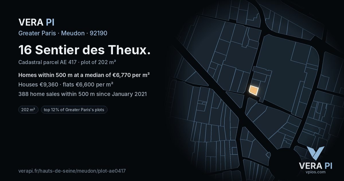 16 Sentier des Theux, Meudon at night – the plot lit, the parcels around coloured by the prices near them