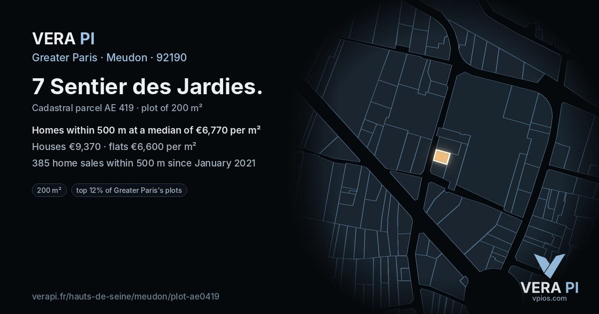 7 Sentier des Jardies, Meudon at night – the plot lit, the parcels around coloured by the prices near them