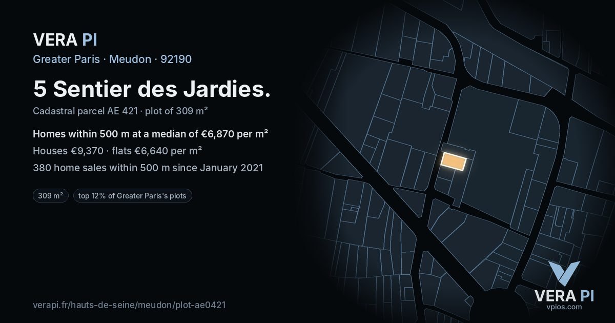 5 Sentier des Jardies, Meudon at night – the plot lit, the parcels around coloured by the prices near them