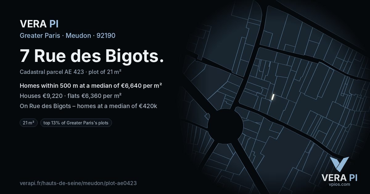 7 Rue des Bigots, Meudon at night – the plot lit, the parcels around coloured by the prices near them