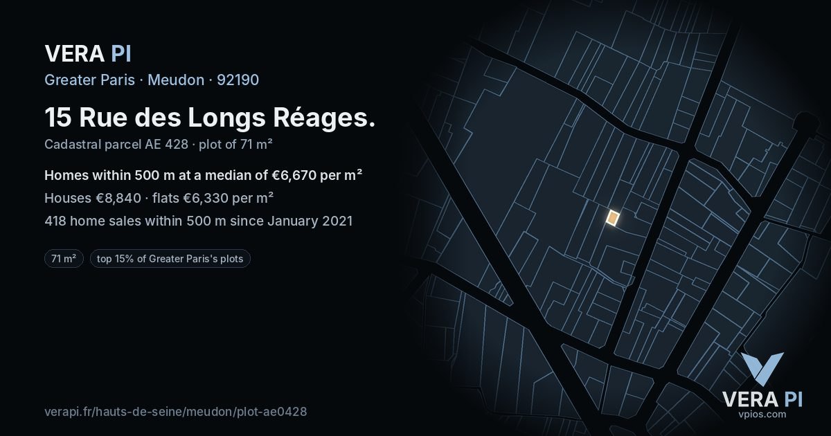 15 Rue des Longs Réages, Meudon at night – the plot lit, the parcels around coloured by the prices near them