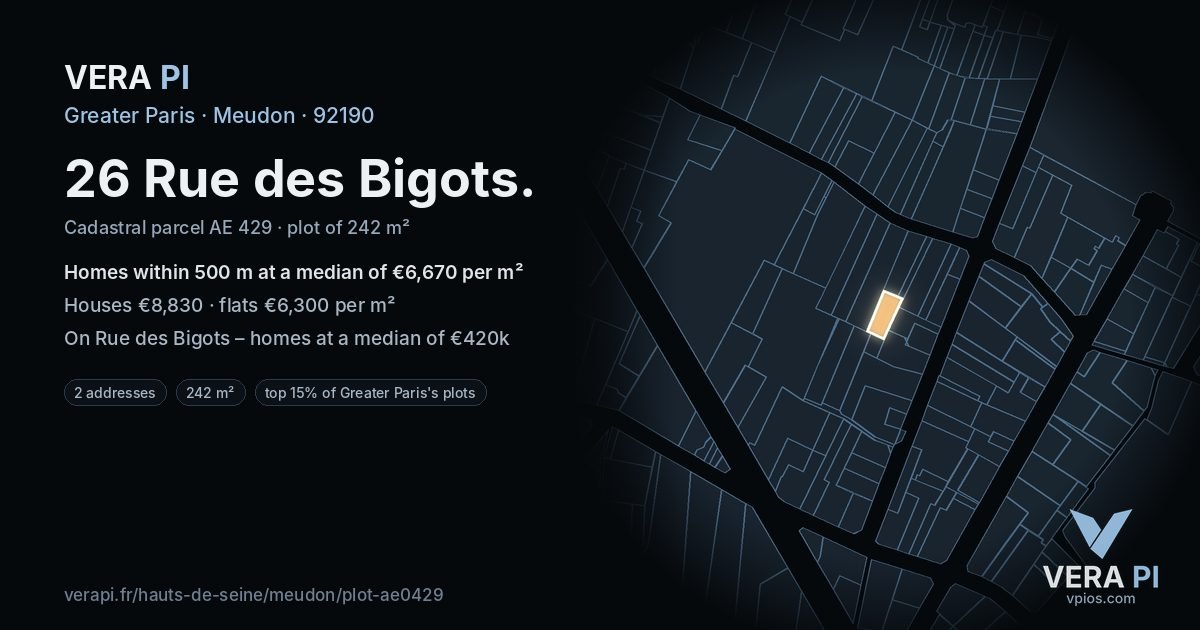 26 Rue des Bigots, Meudon at night – the plot lit, the parcels around coloured by the prices near them
