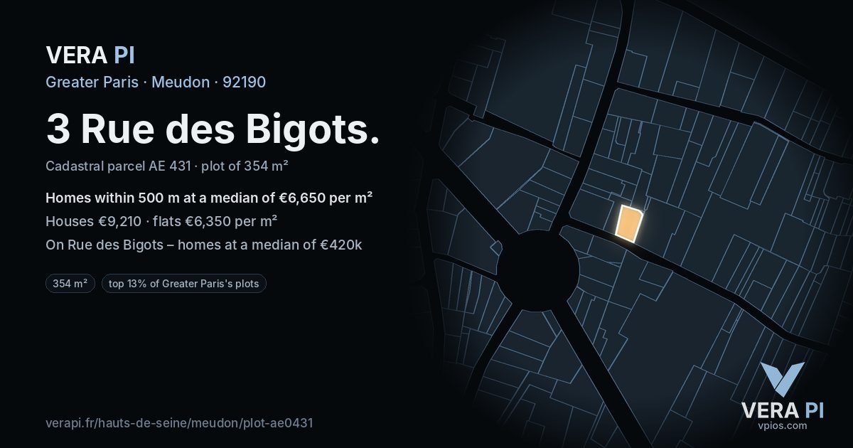 3 Rue des Bigots, Meudon at night – the plot lit, the parcels around coloured by the prices near them