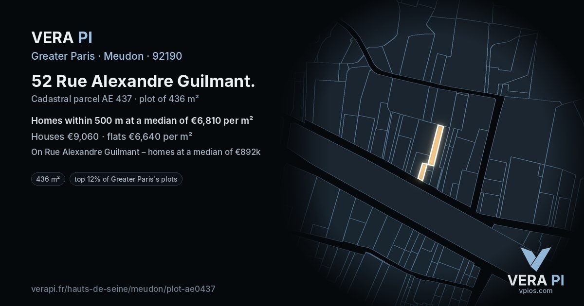 52 Rue Alexandre Guilmant, Meudon at night – the plot lit, the parcels around coloured by the prices near them