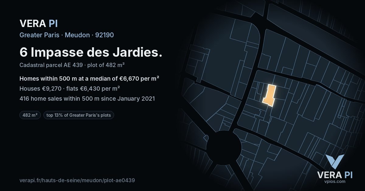 6 Impasse des Jardies, Meudon at night – the plot lit, the parcels around coloured by the prices near them