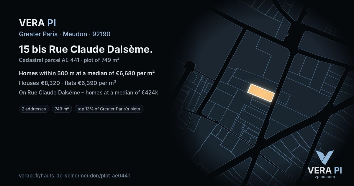 15 bis Rue Claude Dalsème, Meudon at night – the plot lit, the parcels around coloured by the prices near them