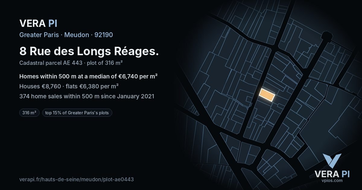 8 Rue des Longs Réages, Meudon at night – the plot lit, the parcels around coloured by the prices near them