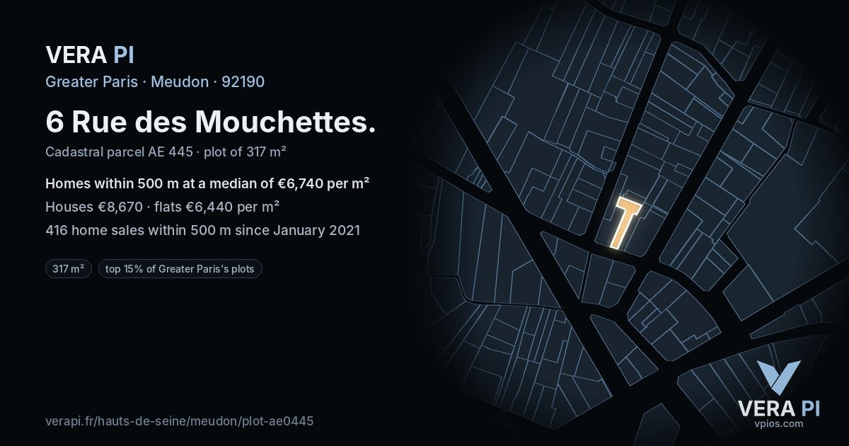 6 Rue des Mouchettes, Meudon at night – the plot lit, the parcels around coloured by the prices near them