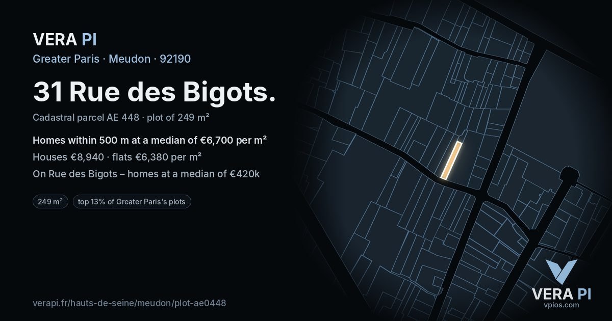 31 Rue des Bigots, Meudon at night – the plot lit, the parcels around coloured by the prices near them