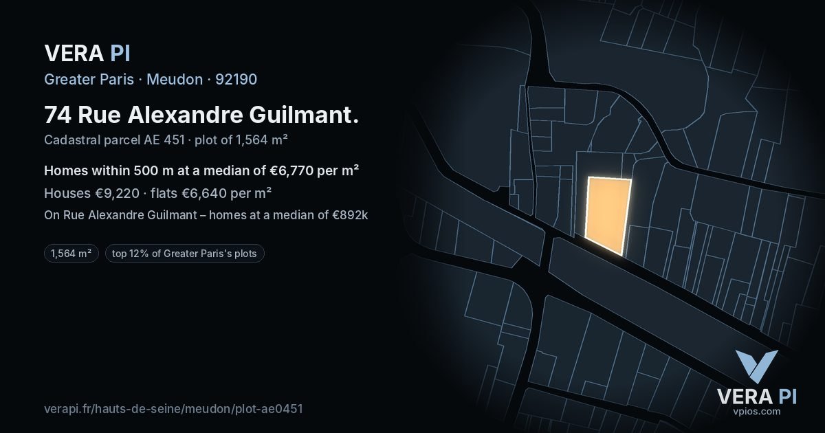 74 Rue Alexandre Guilmant, Meudon at night – the plot lit, the parcels around coloured by the prices near them