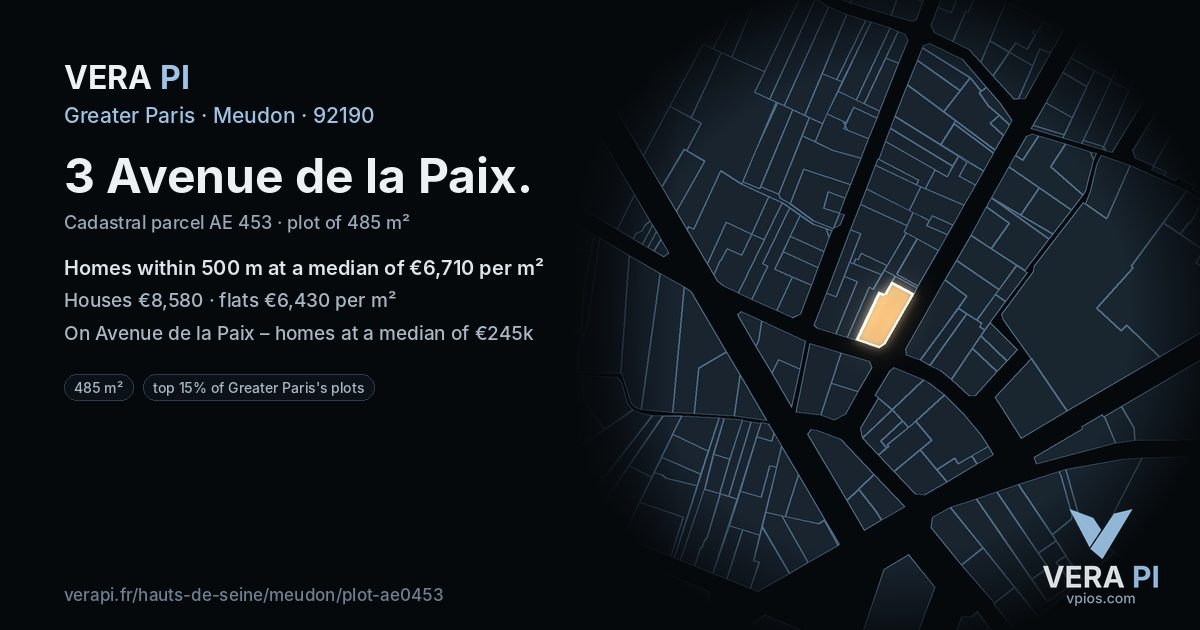 3 Avenue de la Paix, Meudon at night – the plot lit, the parcels around coloured by the prices near them