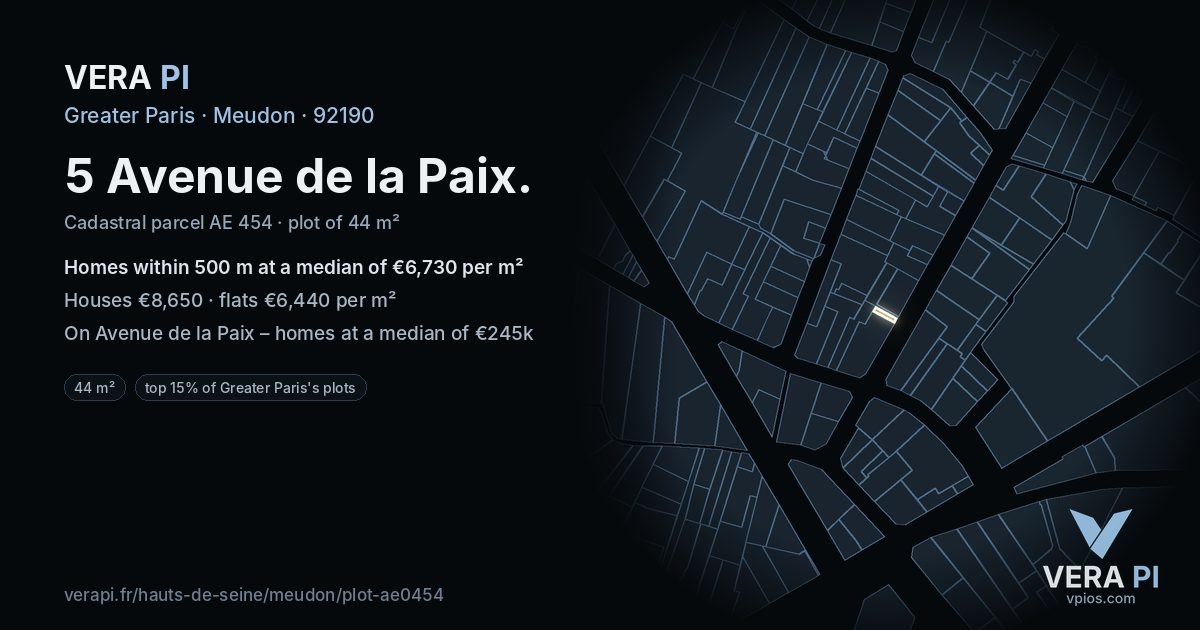 5 Avenue de la Paix, Meudon at night – the plot lit, the parcels around coloured by the prices near them