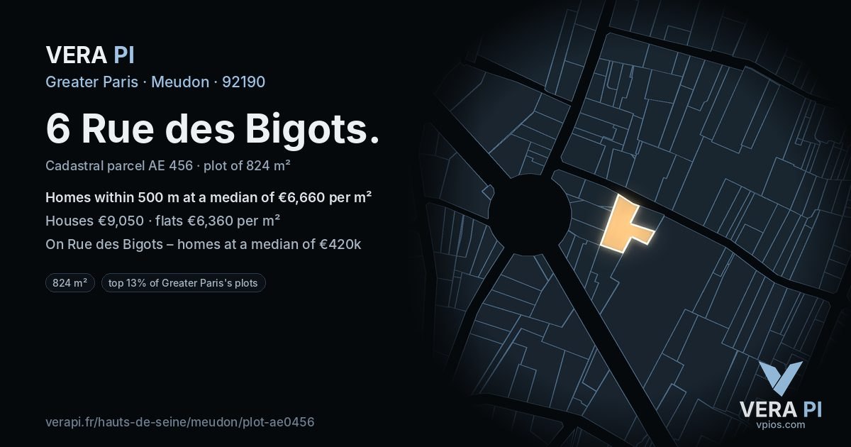 6 Rue des Bigots, Meudon at night – the plot lit, the parcels around coloured by the prices near them