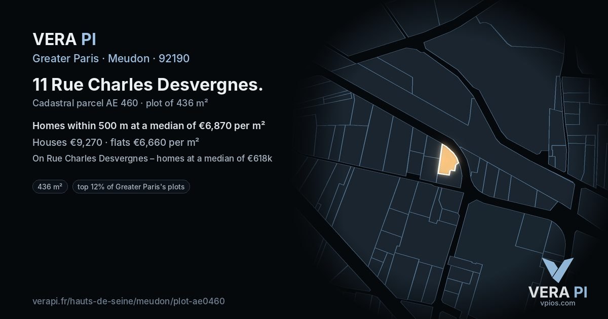 11 Rue Charles Desvergnes, Meudon at night – the plot lit, the parcels around coloured by the prices near them