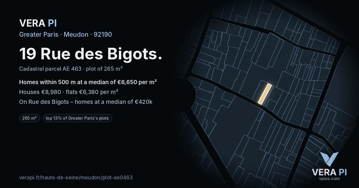 19 Rue des Bigots, Meudon at night – the plot lit, the parcels around coloured by the prices near them