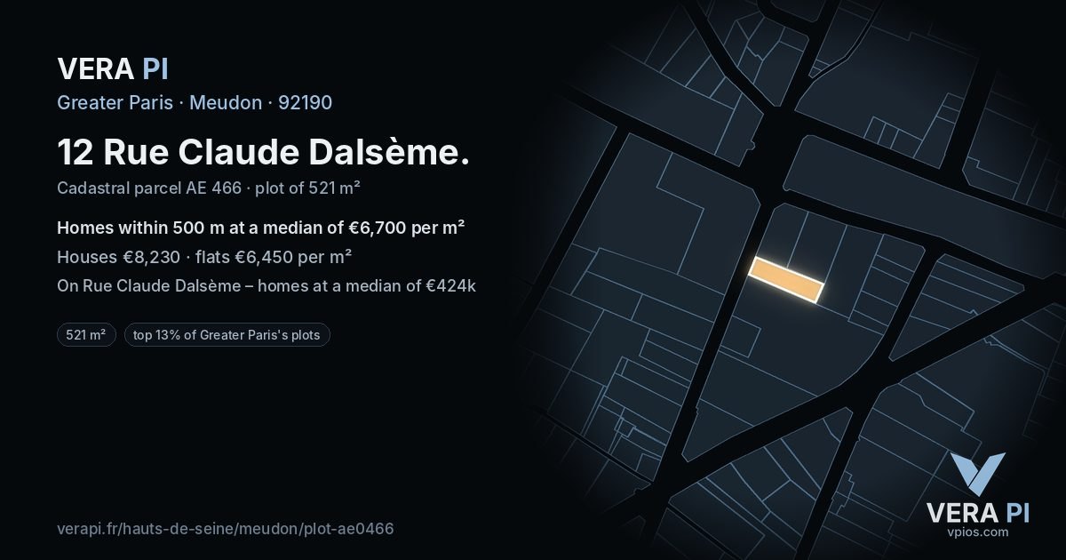 12 Rue Claude Dalsème, Meudon at night – the plot lit, the parcels around coloured by the prices near them