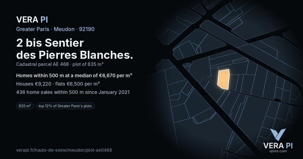 2 bis Sentier des Pierres Blanches, Meudon at night – the plot lit, the parcels around coloured by the prices near them