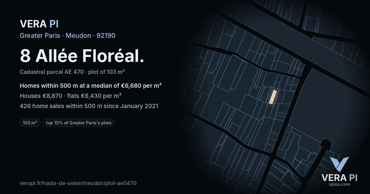 8 Allée Floréal, Meudon at night – the plot lit, the parcels around coloured by the prices near them