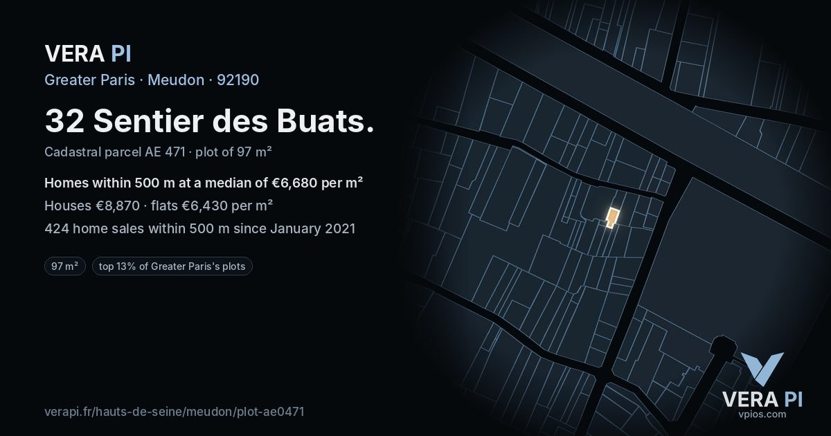 32 Sentier des Buats, Meudon at night – the plot lit, the parcels around coloured by the prices near them