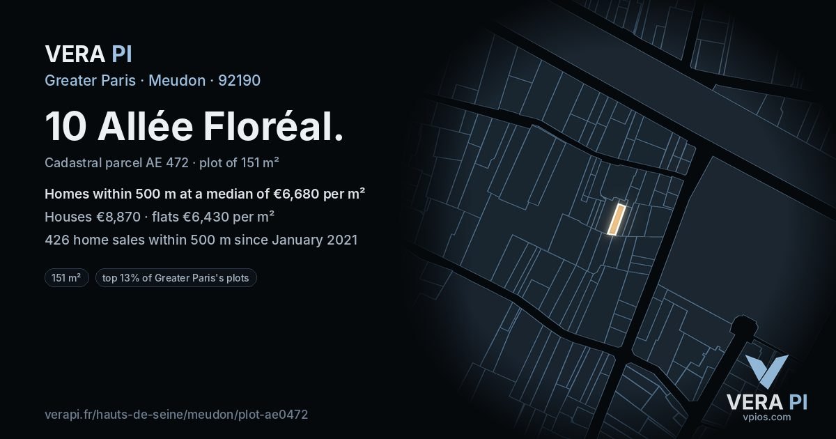 10 Allée Floréal, Meudon at night – the plot lit, the parcels around coloured by the prices near them