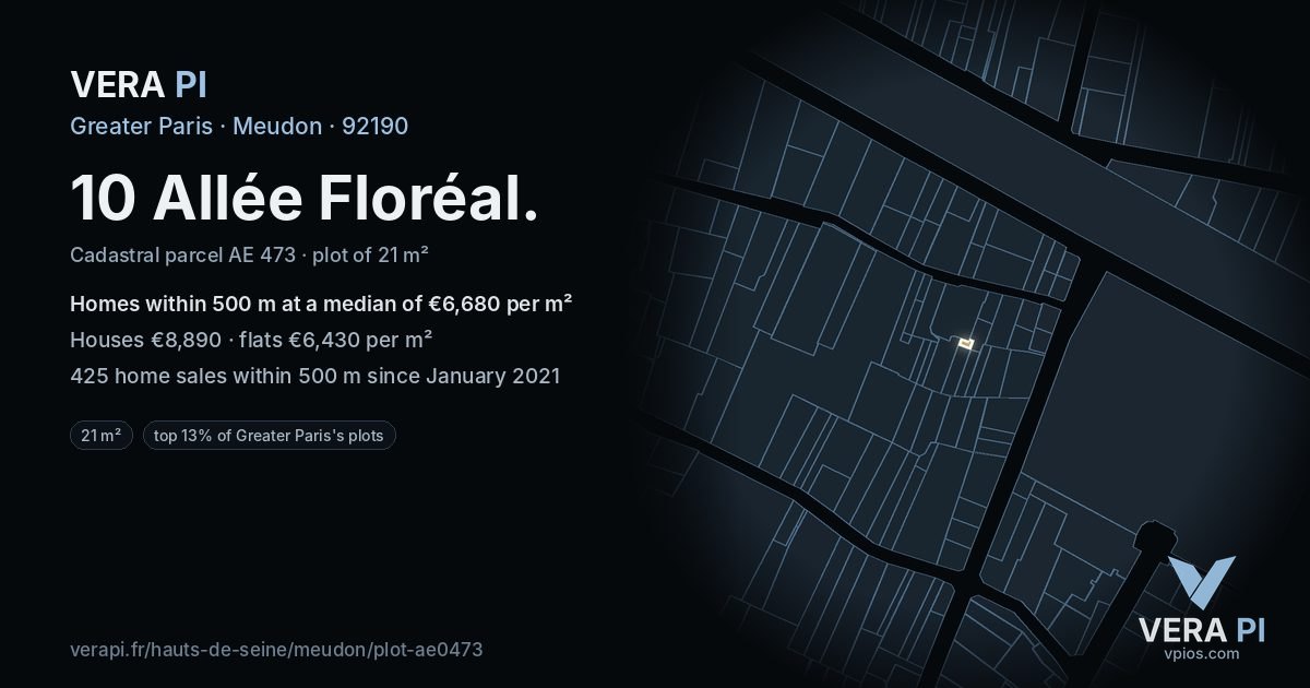 10 Allée Floréal, Meudon at night – the plot lit, the parcels around coloured by the prices near them