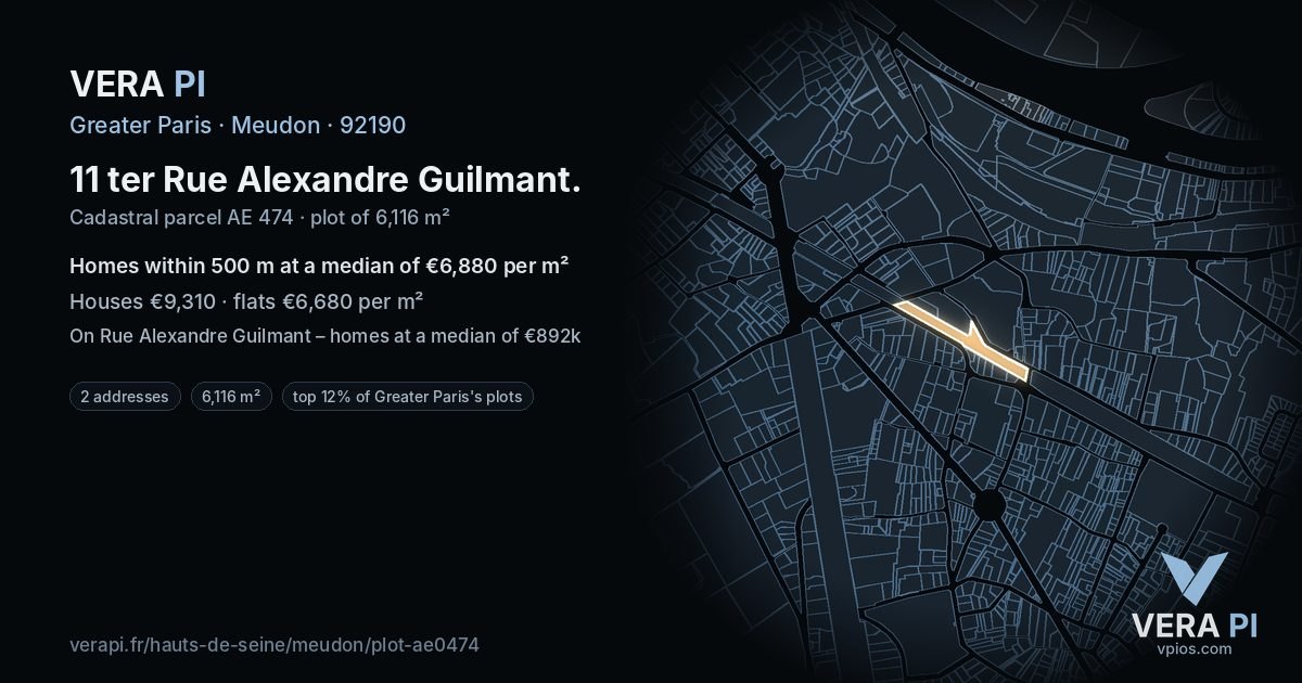 11 ter Rue Alexandre Guilmant, Meudon at night – the plot lit, the parcels around coloured by the prices near them