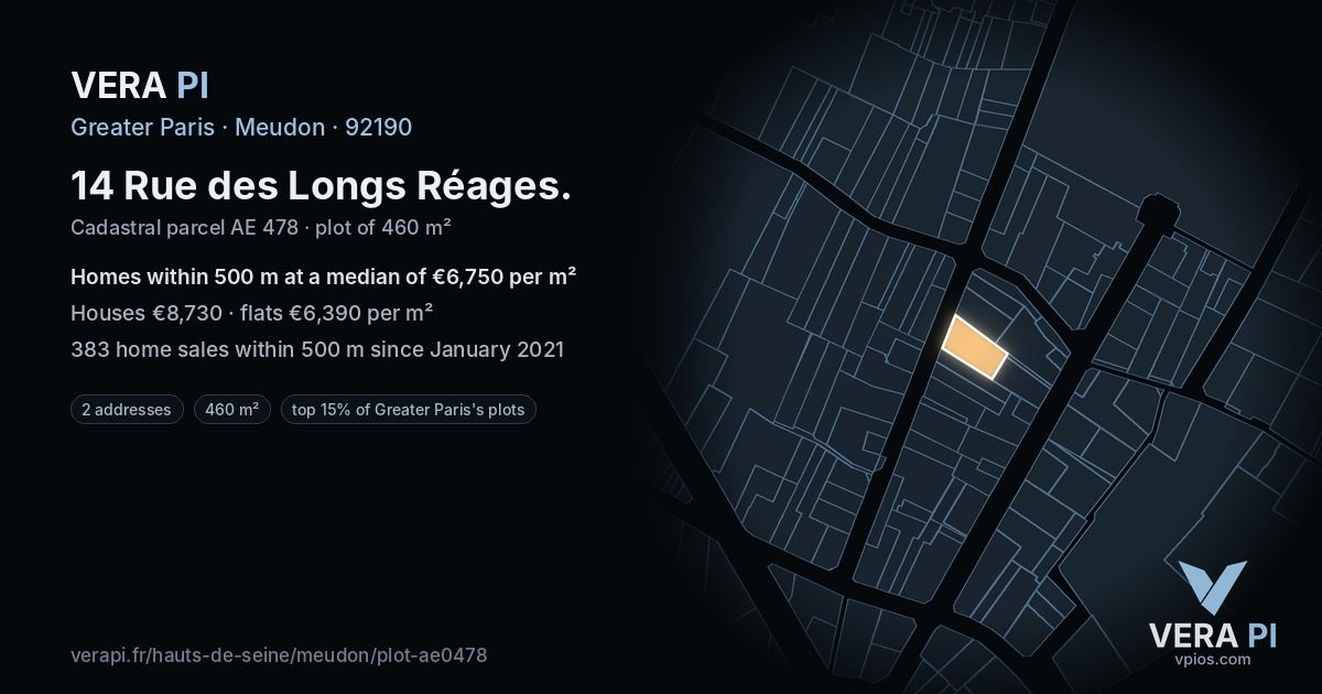 14 Rue des Longs Réages, Meudon at night – the plot lit, the parcels around coloured by the prices near them