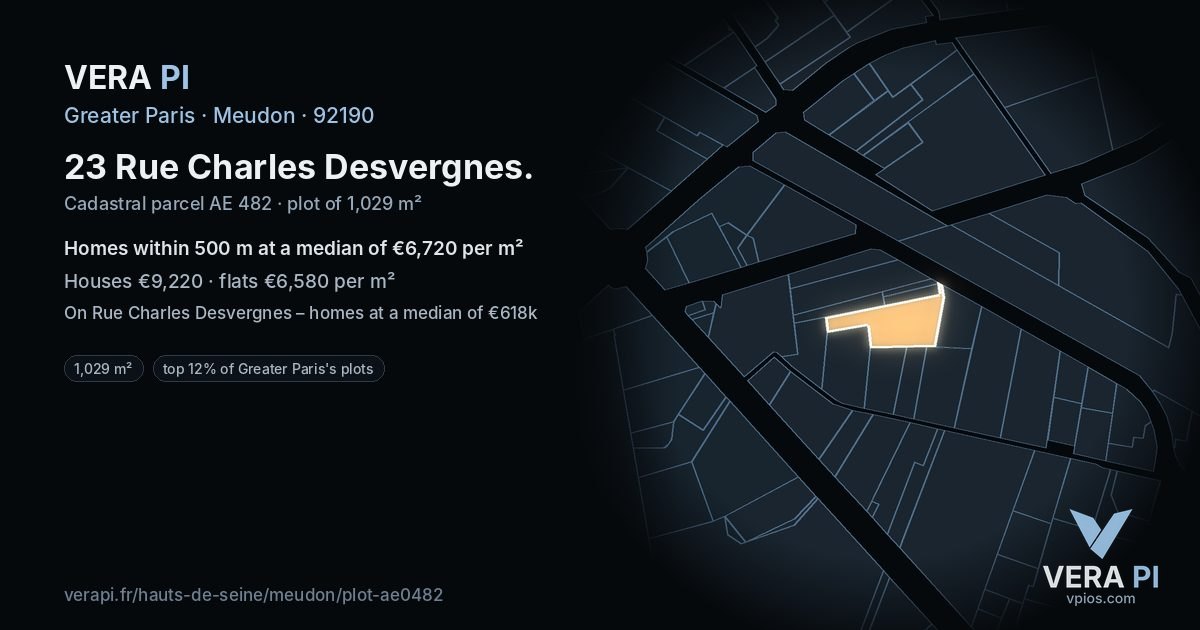 23 Rue Charles Desvergnes, Meudon at night – the plot lit, the parcels around coloured by the prices near them