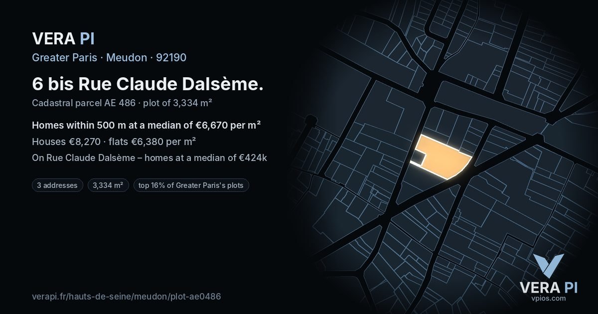 6 bis Rue Claude Dalsème, Meudon at night – the plot lit, the parcels around coloured by the prices near them