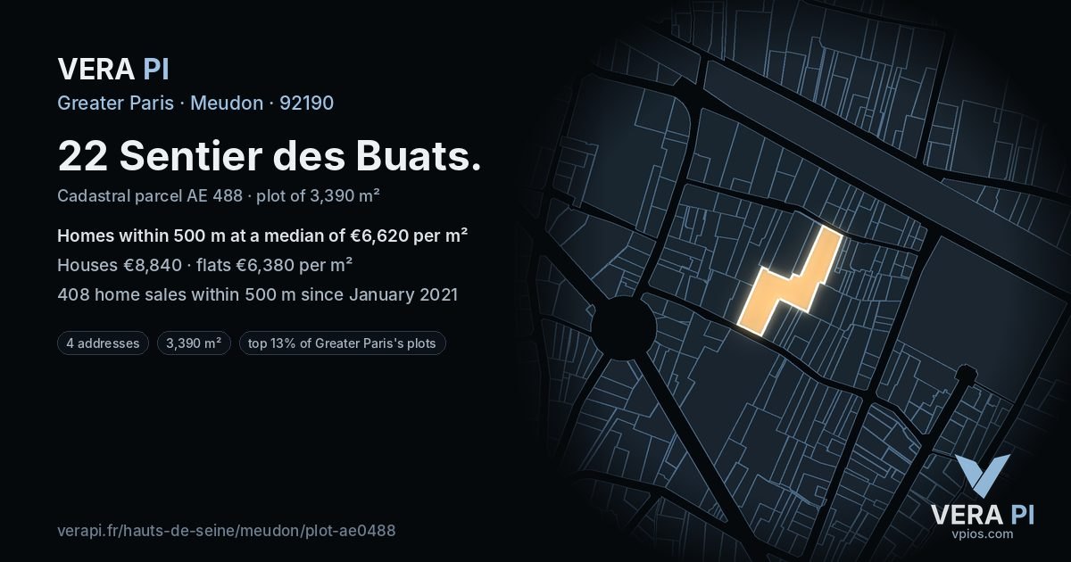 22 Sentier des Buats, Meudon at night – the plot lit, the parcels around coloured by the prices near them