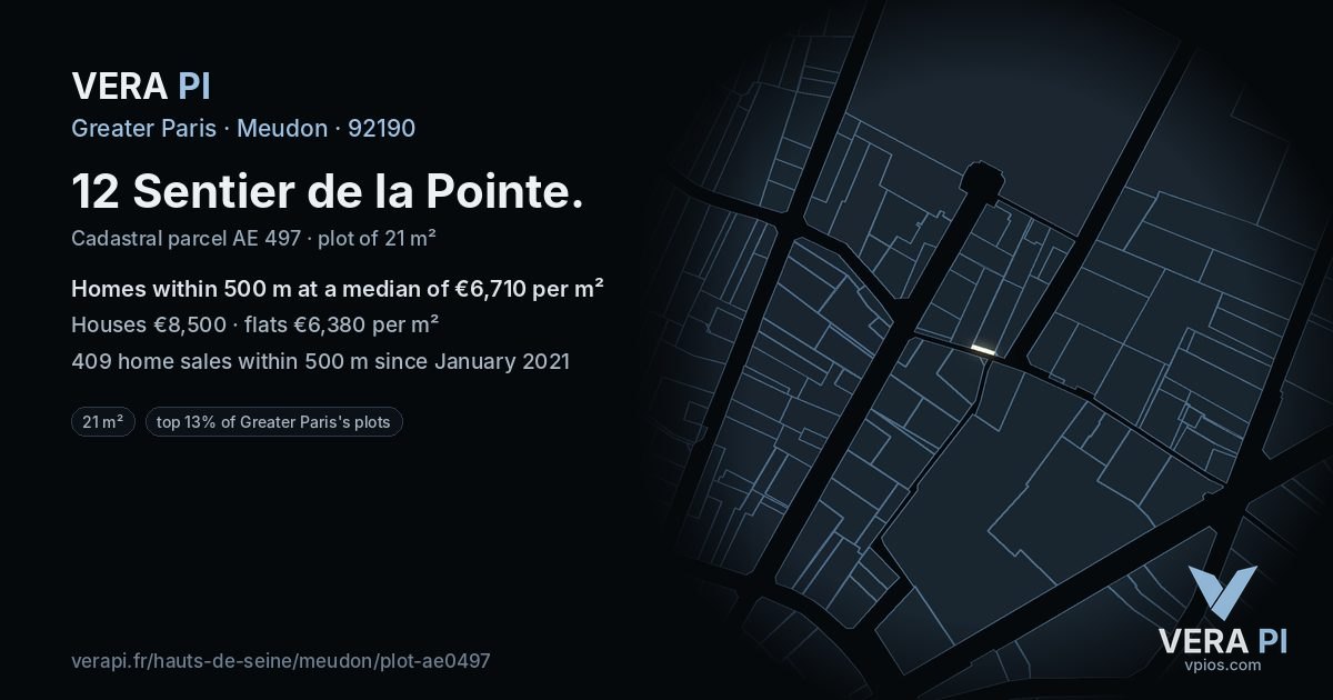 12 Sentier de la Pointe, Meudon at night – the plot lit, the parcels around coloured by the prices near them