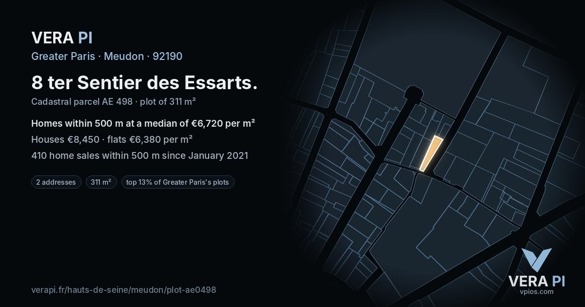 8 ter Sentier des Essarts, Meudon at night – the plot lit, the parcels around coloured by the prices near them