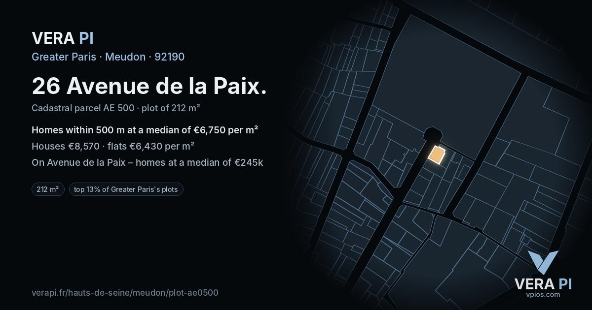 26 Avenue de la Paix, Meudon at night – the plot lit, the parcels around coloured by the prices near them
