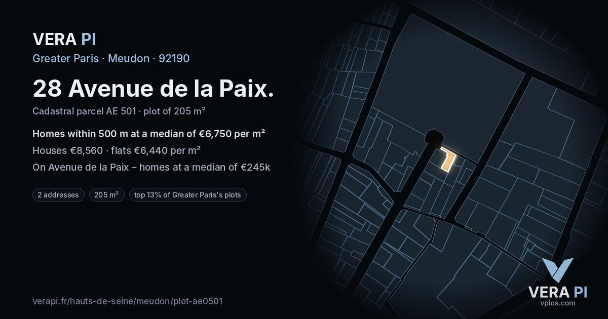 28 Avenue de la Paix, Meudon at night – the plot lit, the parcels around coloured by the prices near them