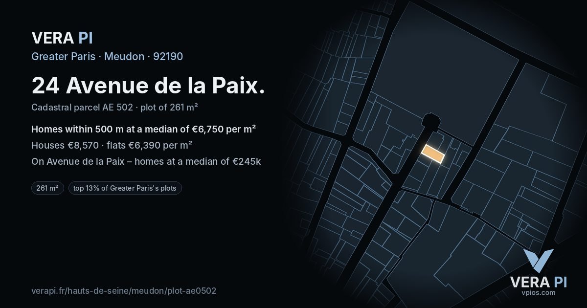 24 Avenue de la Paix, Meudon at night – the plot lit, the parcels around coloured by the prices near them