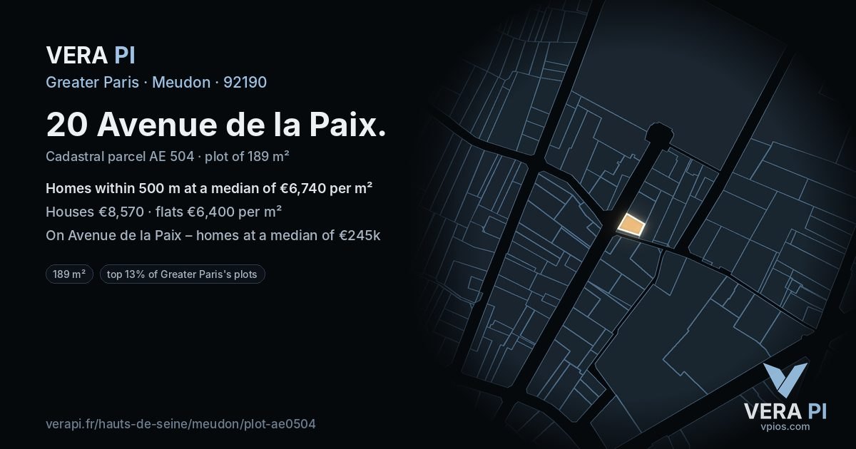 20 Avenue de la Paix, Meudon at night – the plot lit, the parcels around coloured by the prices near them