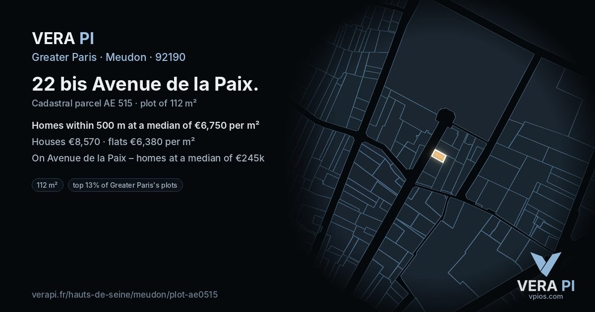 22 bis Avenue de la Paix, Meudon at night – the plot lit, the parcels around coloured by the prices near them
