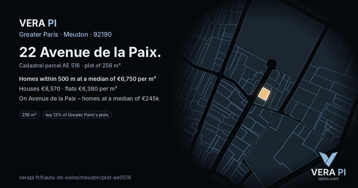 22 Avenue de la Paix, Meudon at night – the plot lit, the parcels around coloured by the prices near them