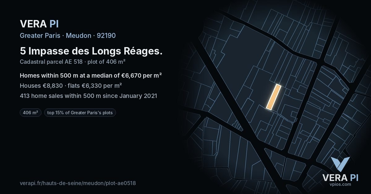 5 Impasse des Longs Réages, Meudon at night – the plot lit, the parcels around coloured by the prices near them