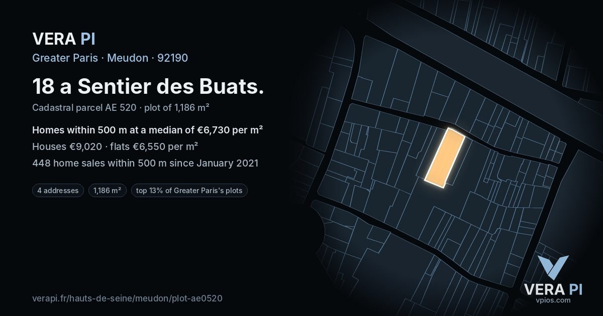 18 a Sentier des Buats, Meudon at night – the plot lit, the parcels around coloured by the prices near them