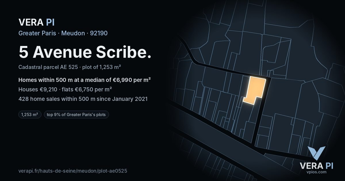5 Avenue Scribe, Meudon at night – the plot lit, the parcels around coloured by the prices near them