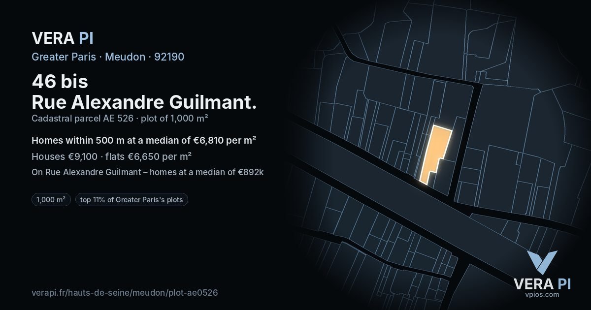 46 bis Rue Alexandre Guilmant, Meudon at night – the plot lit, the parcels around coloured by the prices near them