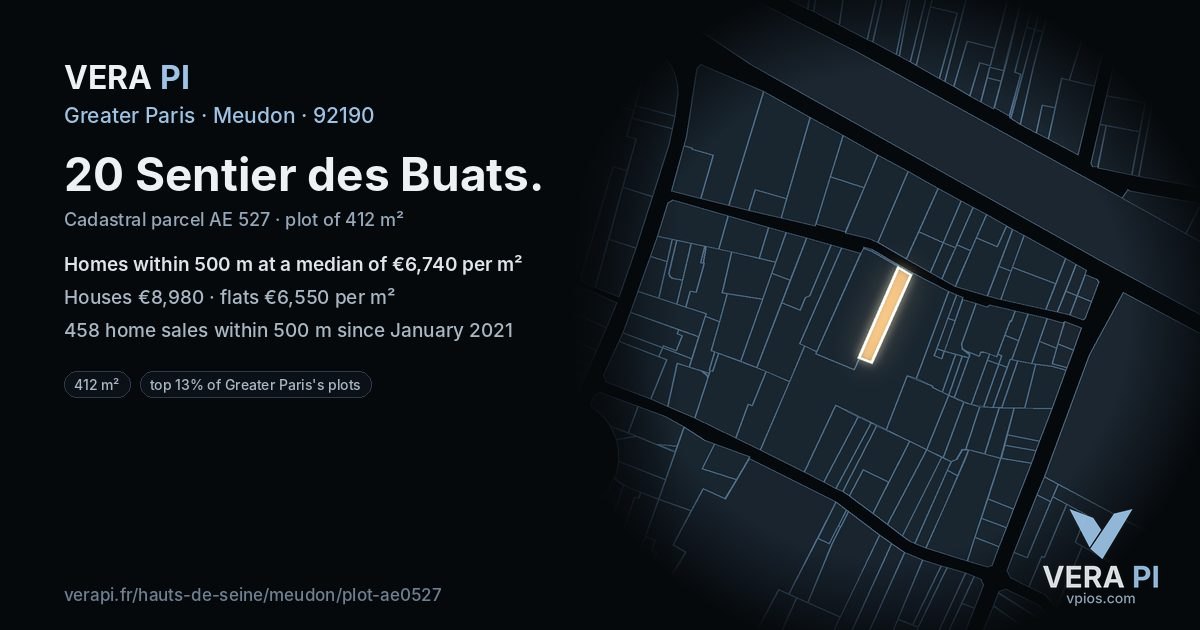 20 Sentier des Buats, Meudon at night – the plot lit, the parcels around coloured by the prices near them