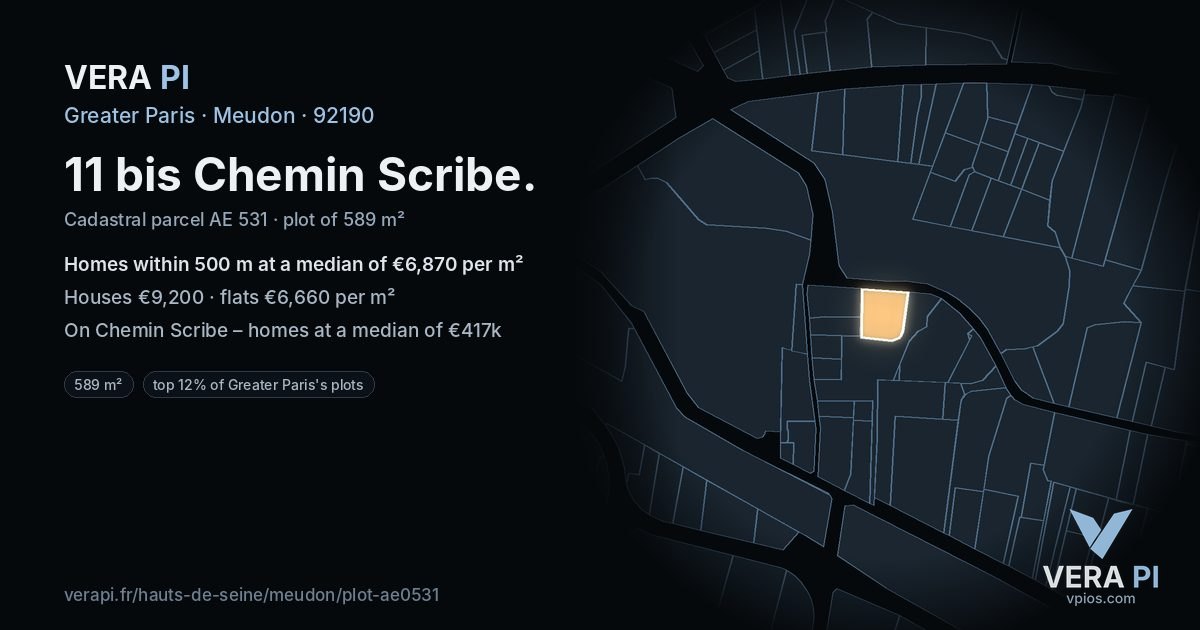 11 bis Chemin Scribe, Meudon at night – the plot lit, the parcels around coloured by the prices near them