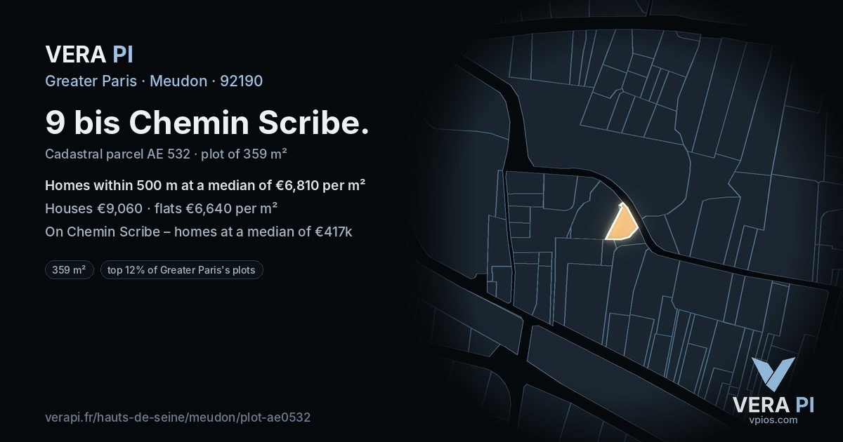 9 bis Chemin Scribe, Meudon at night – the plot lit, the parcels around coloured by the prices near them