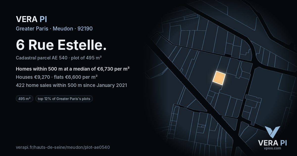 6 Rue Estelle, Meudon at night – the plot lit, the parcels around coloured by the prices near them