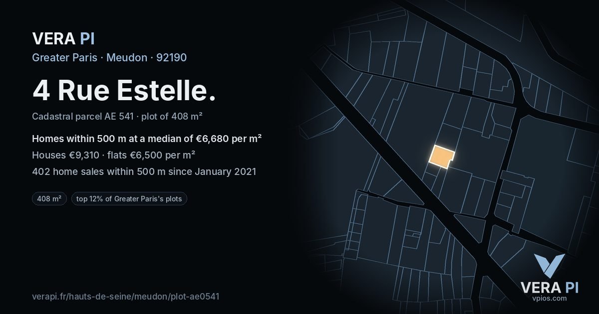 4 Rue Estelle, Meudon at night – the plot lit, the parcels around coloured by the prices near them