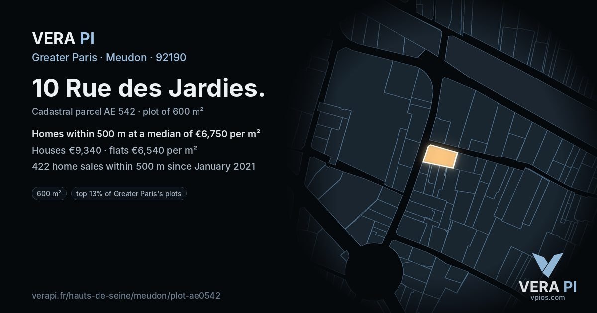 10 Rue des Jardies, Meudon at night – the plot lit, the parcels around coloured by the prices near them