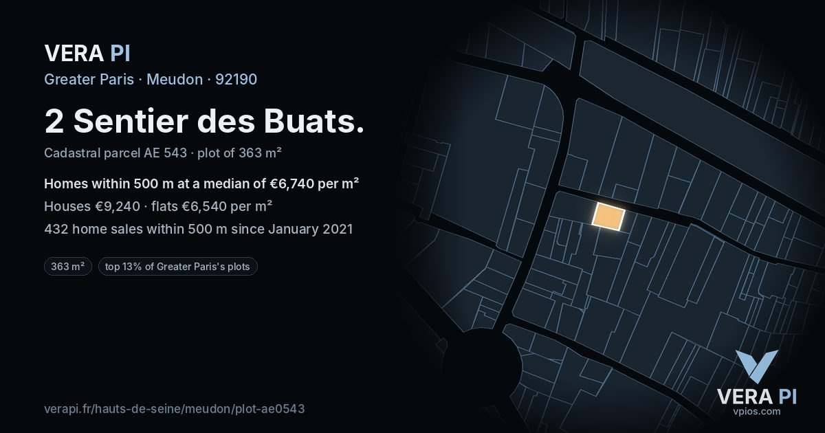 2 Sentier des Buats, Meudon at night – the plot lit, the parcels around coloured by the prices near them